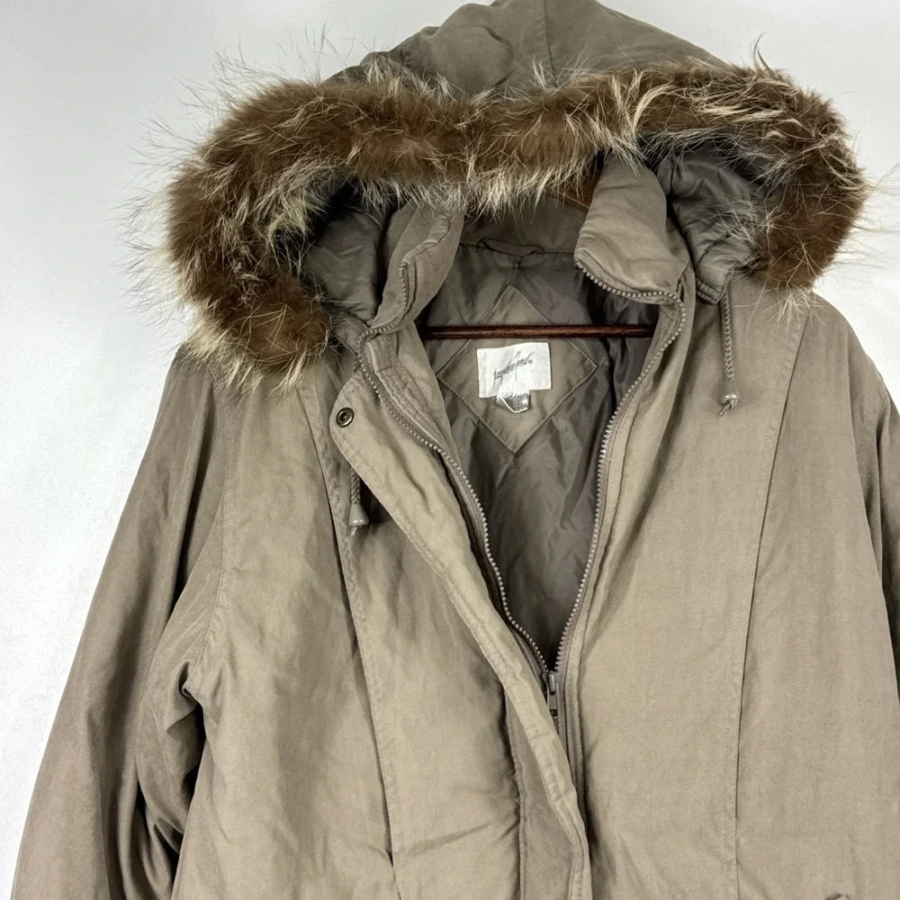 Jacqueline Ferrar Parka Coat Womens Medium Tan Long Raccon Fur Hood Heavy Jacket